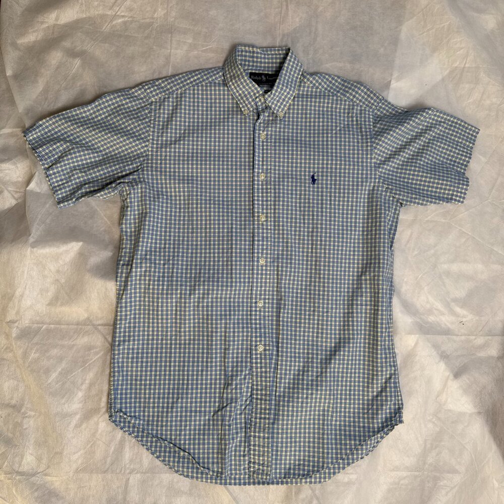 Polo Ralph Lauren Shirt Mens Medium Blue Yellow Check Short Sleeve Button VTG